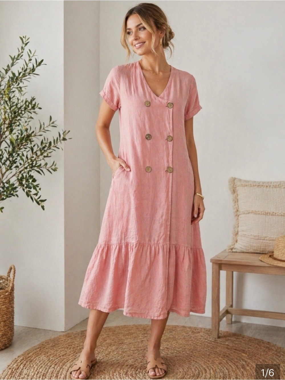 LIN BLANC V-Neck Button-Front Midi Dress in Dusty Pink